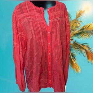Johnny Was Womens Coral Embroidered Long Sleeve Tunic with crocheted buttons lg